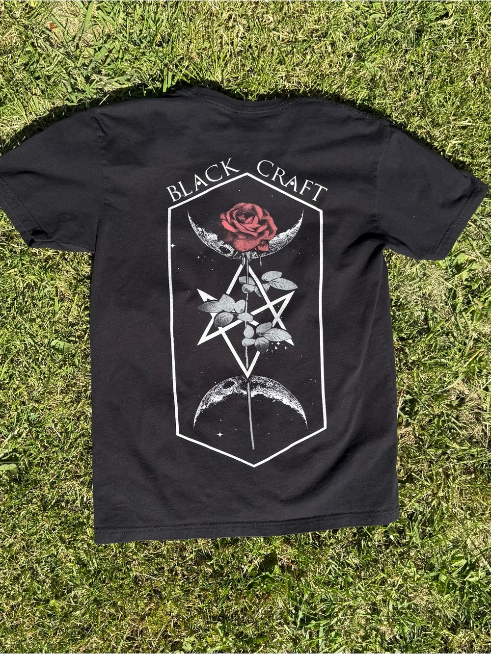 Black Graphic Tee with Red Rose and Moon Motif - Black Craft